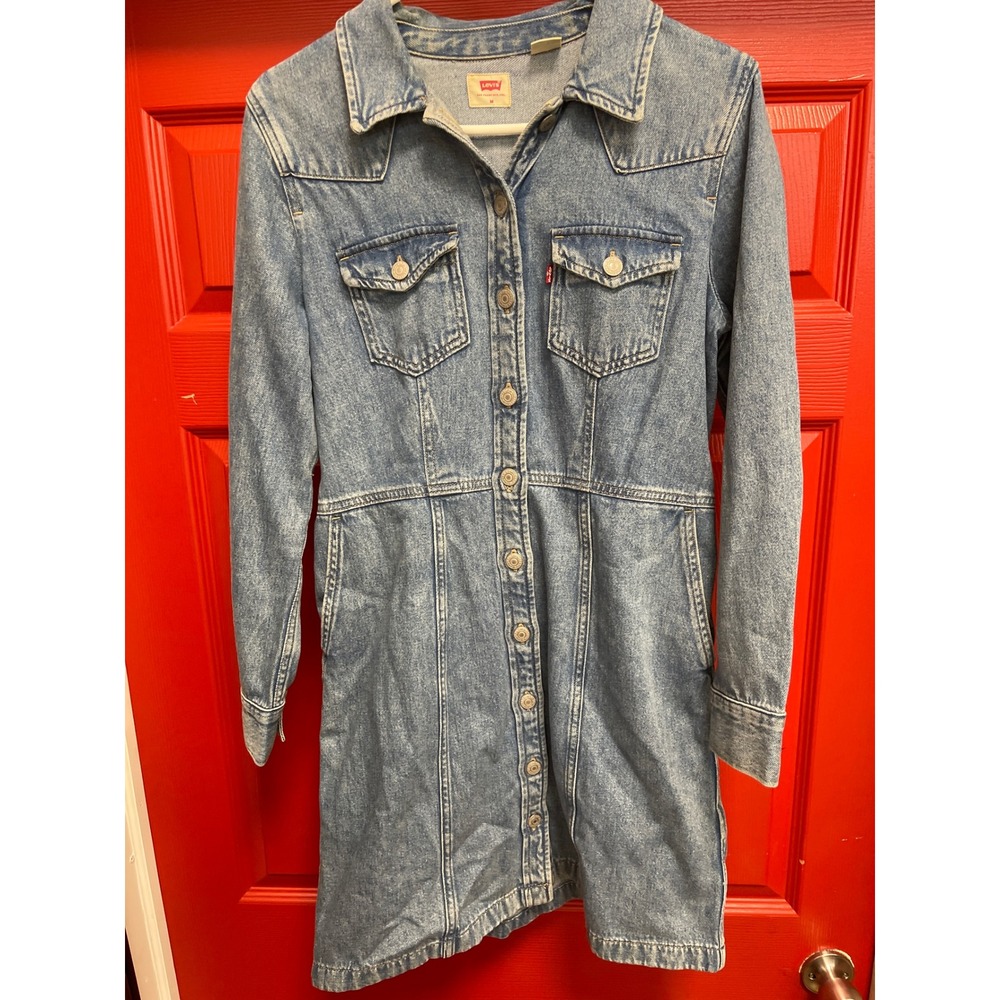 Levis Womens Denim Shirt Dress Light Wash Blue Long Sleeve Button Front Size M